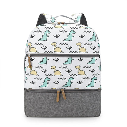 Grey insulated mother and child travel backpack with curved shoulder straps shown from the side