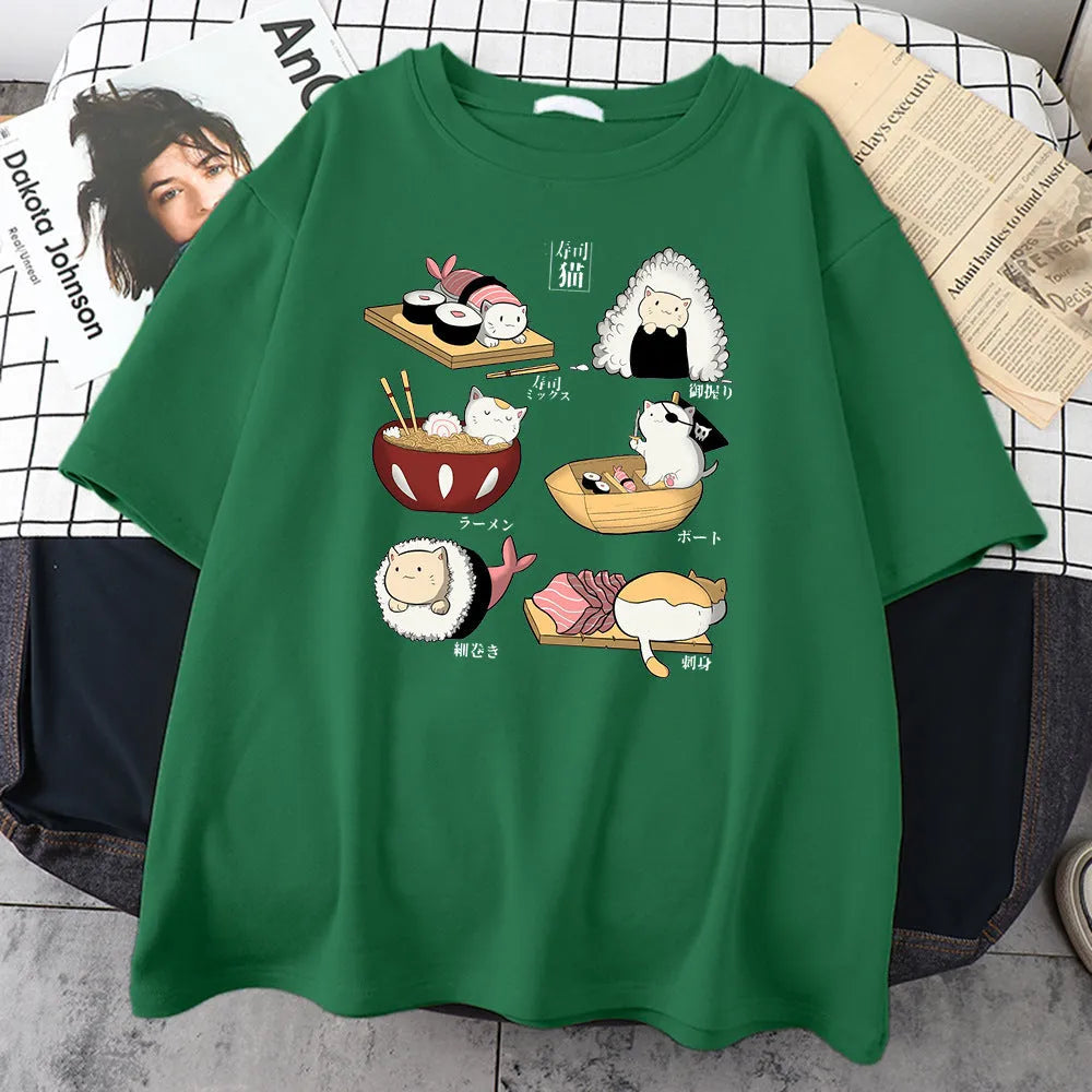 Man wearing a black loose-fit cotton t-shirt with a colourful cute cat sushi cartoon print on the front.
