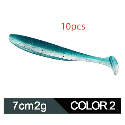 Soft plastic worm lure with a two-tone T tail, shown in one of its 14 colour options.