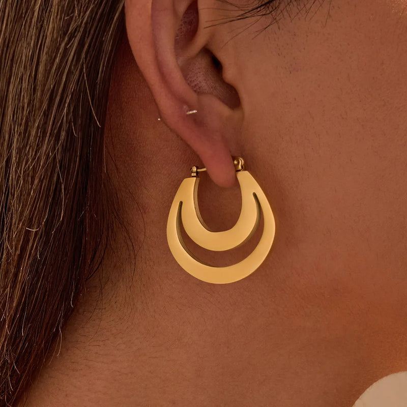 Metallic French Earrings Gold Plated Geometric Minimalist All-match Electroplated 18K Stainless Steel Fashion OL Style Round Ring Design Women's Ear Jewellery