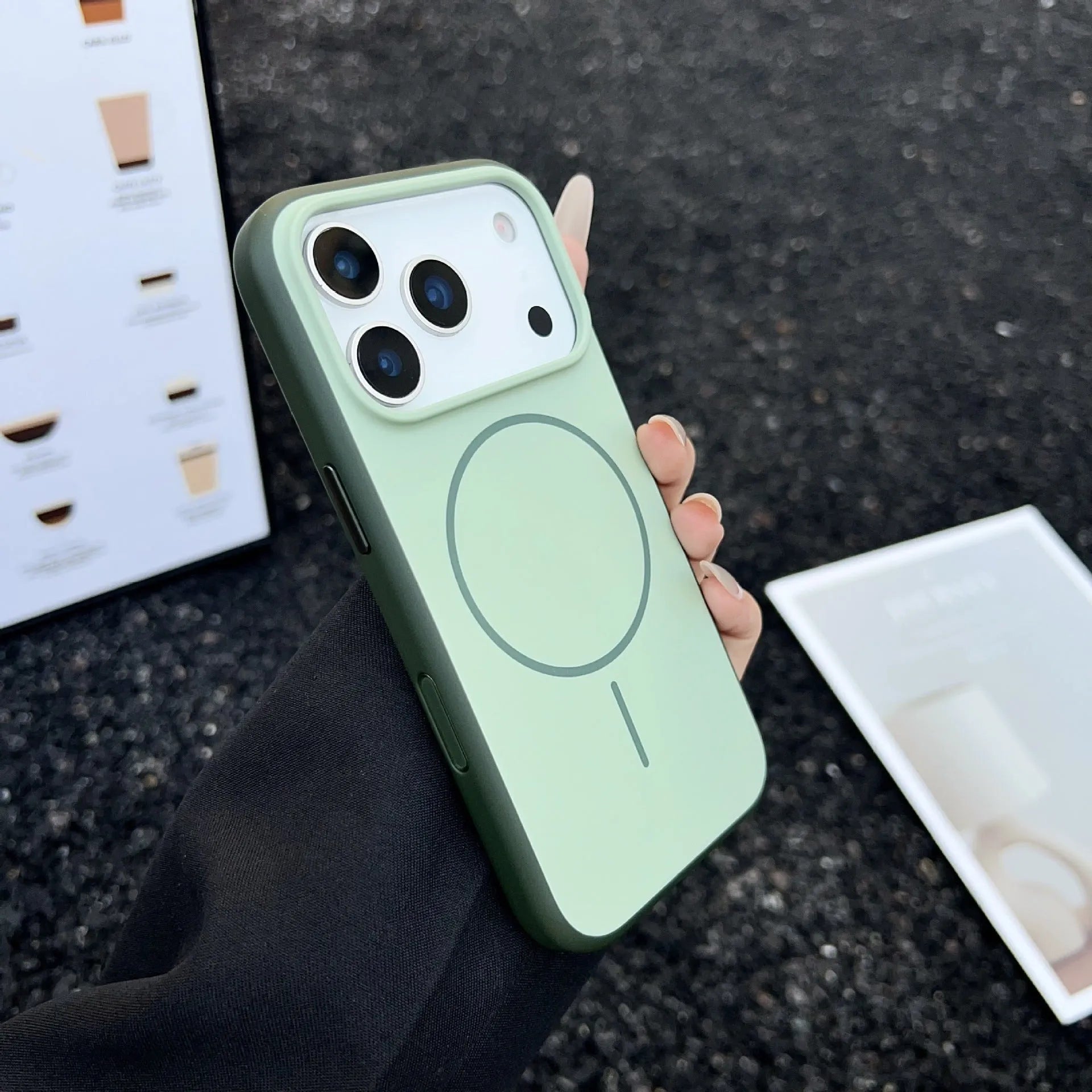 Magnetic protective iPhone case with AI photography button in frosted finish showing blue colour option