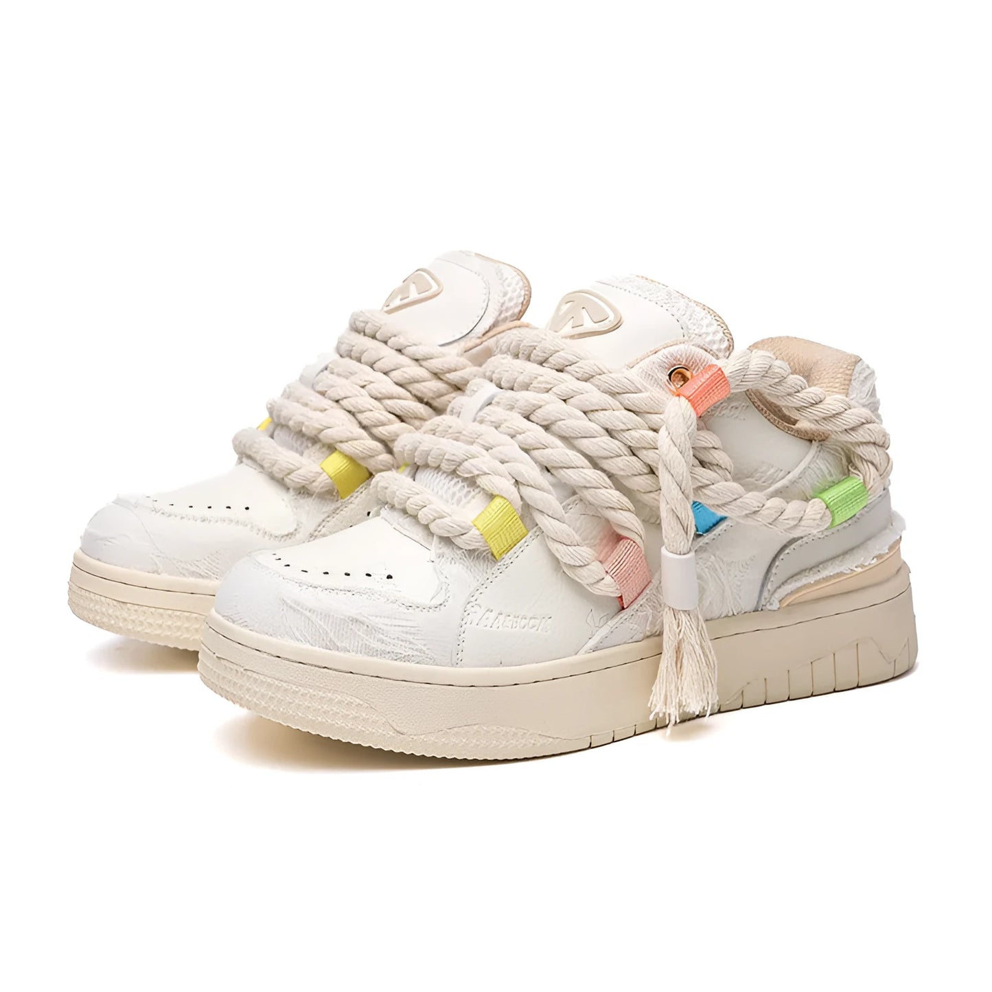 Creamy white old damage lace-up retro skateboard shoes with platform heel on a rubber sole.