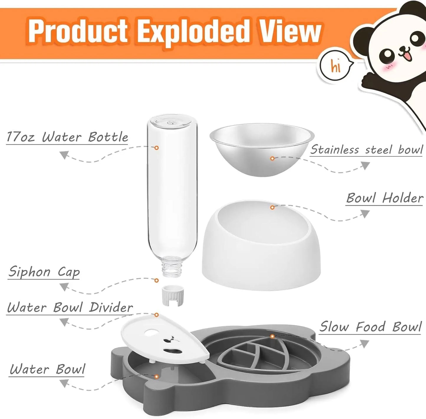 Grey panda-shaped tilted pet feeder with food bowl, water bowl, and a 17oz water bottle attached.