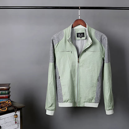 Men's thin linen jacket in cotton, shown in blue, grey, or green, available in sizes M to 6XL.
