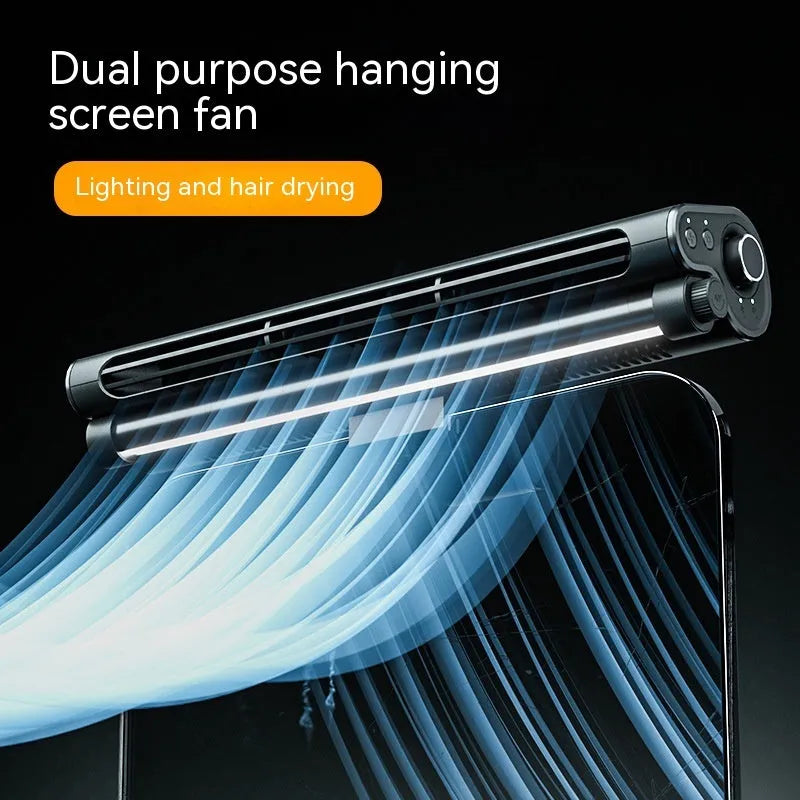 Black USB bladeless fan clipped to laptop screen showing 32.5cm width and eye-protection lamp