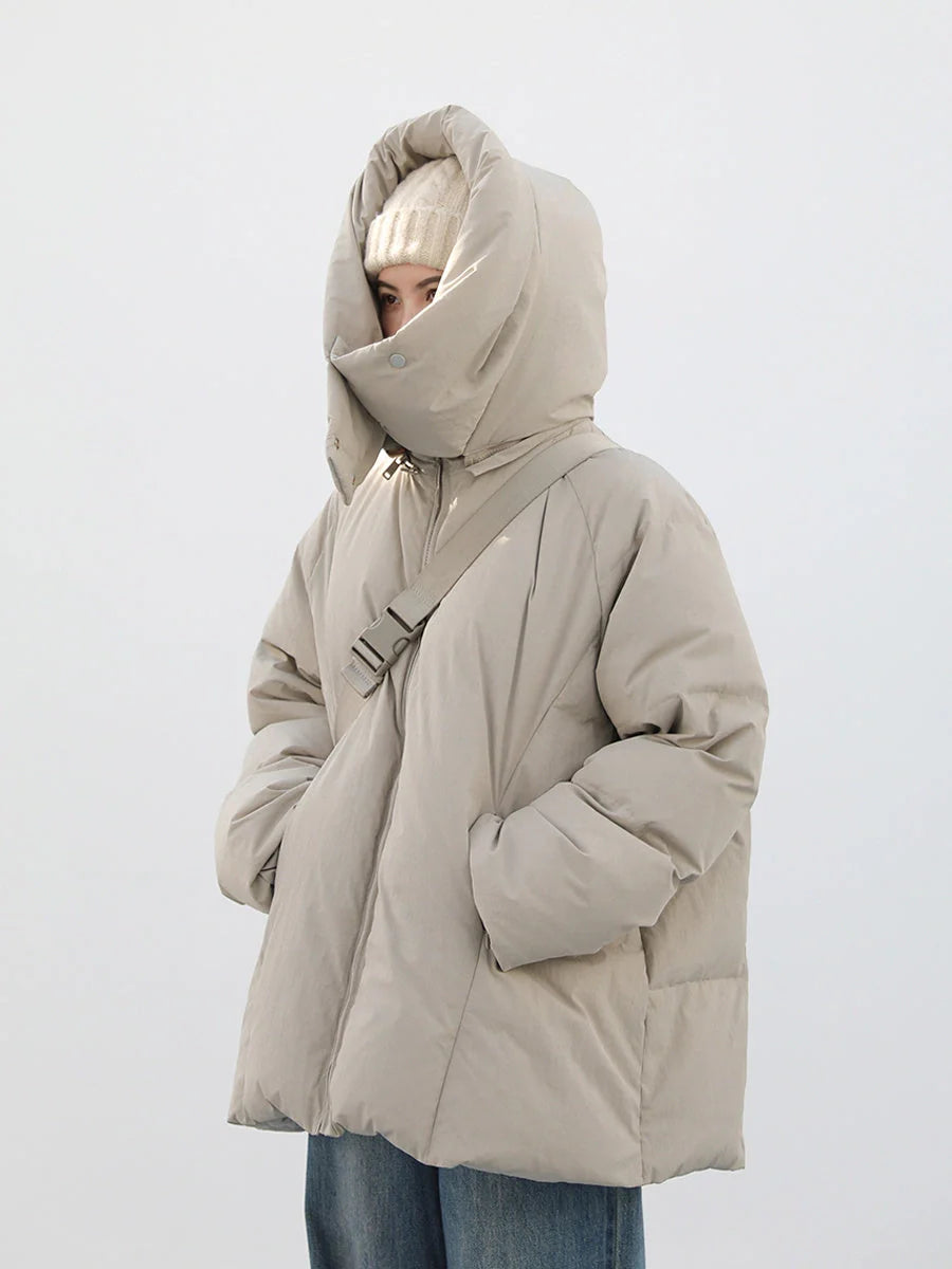 Stylish duck down jacket with detachable hood in black and khaki