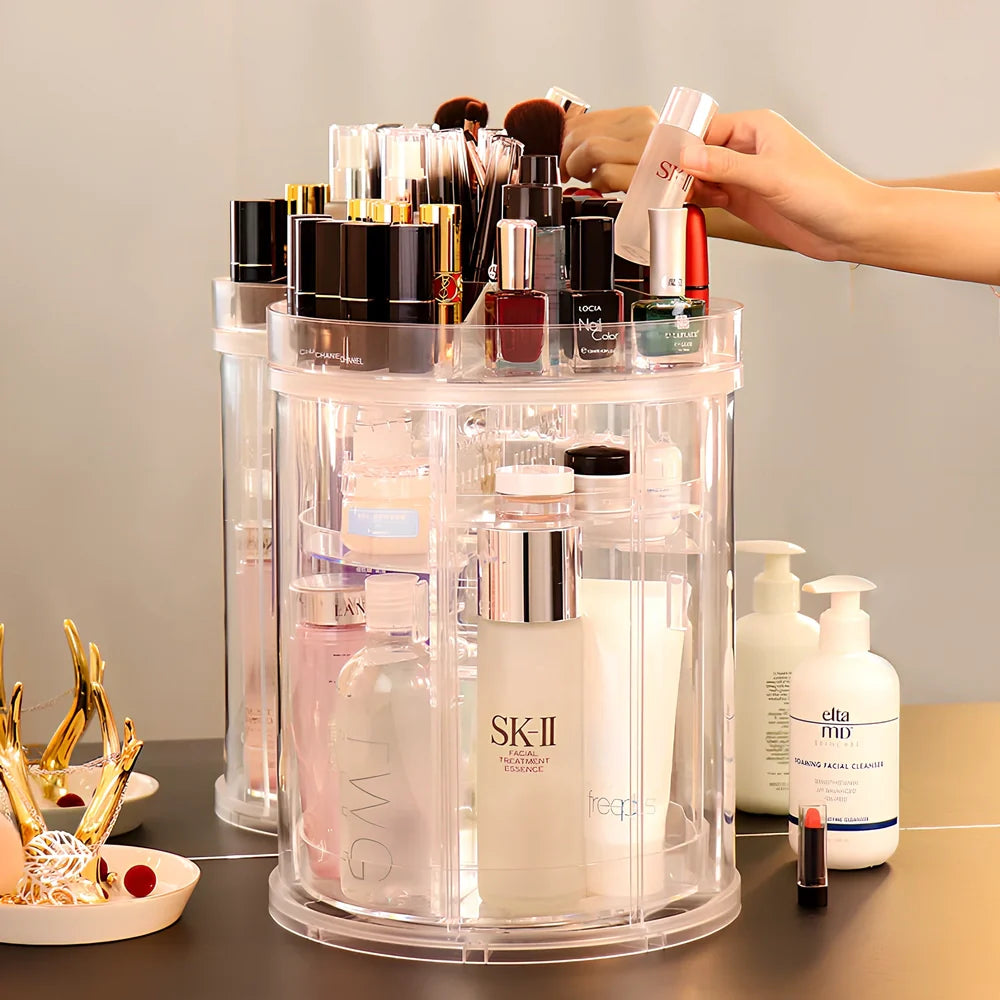 Transparent rotating cosmetics storage rack on table, diamond pattern style, holding skincare bottles, 25cm height