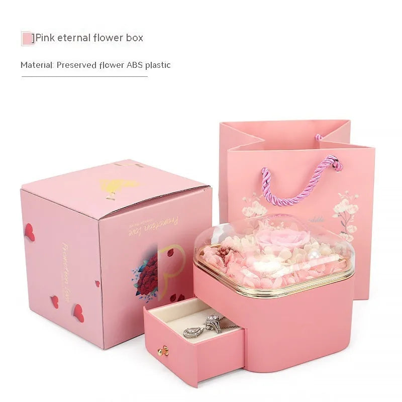 Valentine's Day rose flower drawer jewellery box with preserved eternal flowers and love crystal necklace gift set