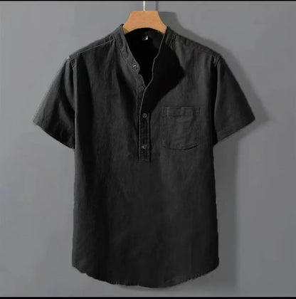 Men's casual beige linen-cotton shirt with stand collar and short sleeves on a hanger