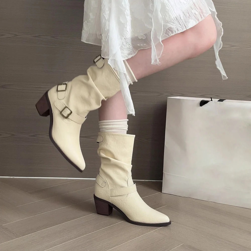 Women's chunky heel boots in white colour with 2.5cm flat heel and middle calf length