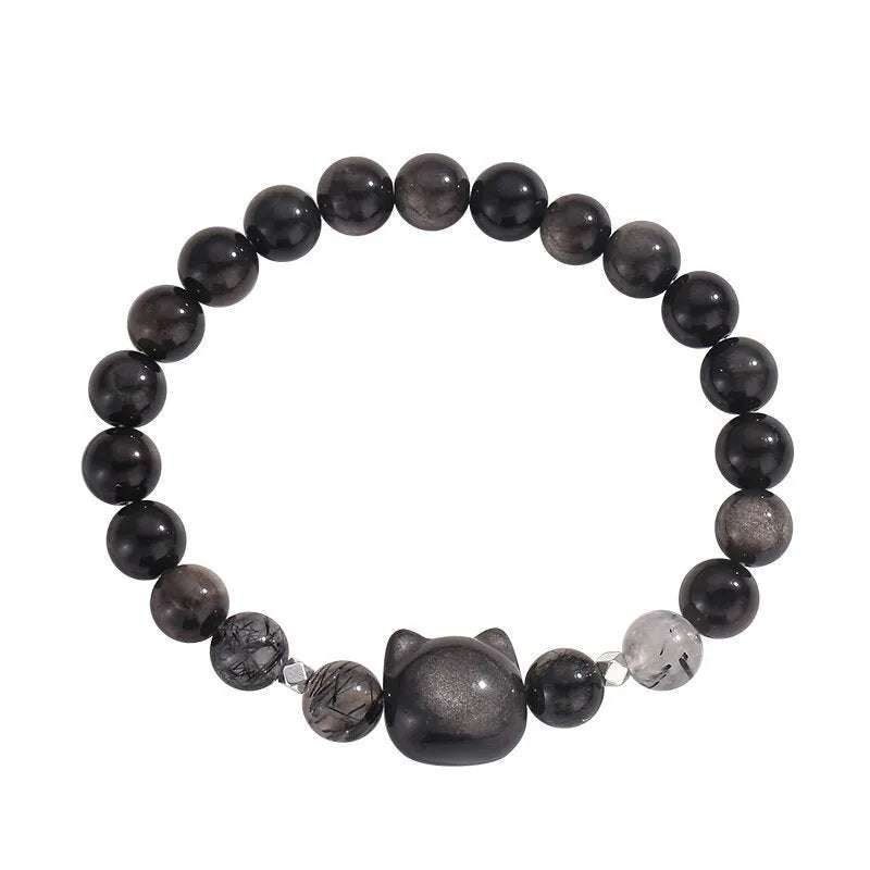 Silver-plated obsidian bracelet with cat crystal charms in adjustable women's design