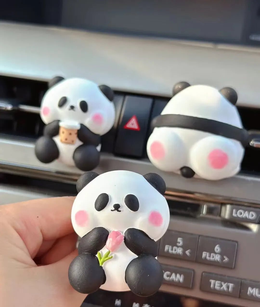 Cute panda car air freshener vent clip in three designs: back panda, flower panda, and milk tea panda