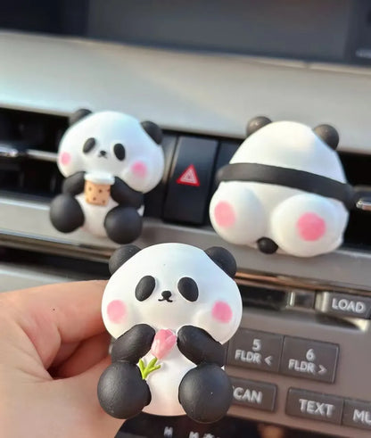 Cute panda car air freshener vent clip in three designs: back panda, flower panda, and milk tea panda