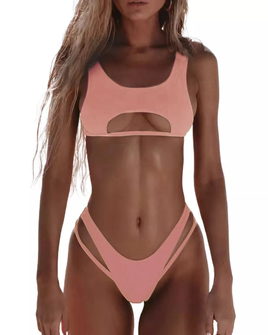 Women's solid colour bikini with hollow snake fabric for swimming