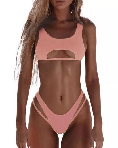 Women's solid colour bikini with hollow snake fabric for swimming