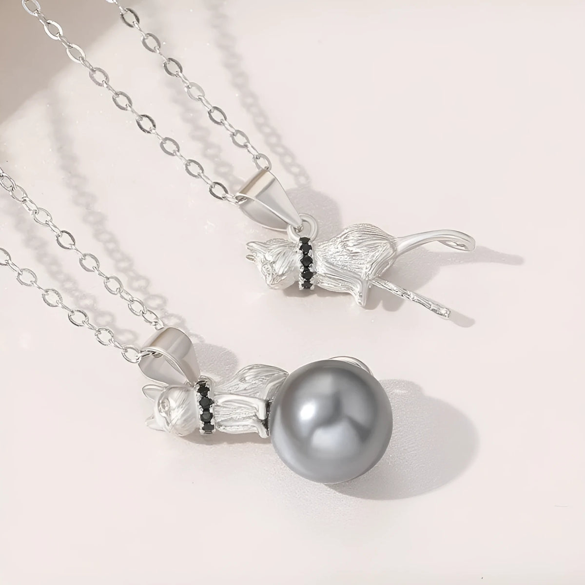 925 sterling silver cat pendant necklace with delicate clavicle chain and electroplated finish