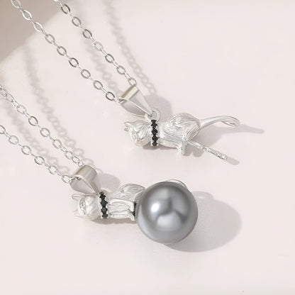 925 sterling silver cat pendant necklace with delicate clavicle chain and electroplated finish