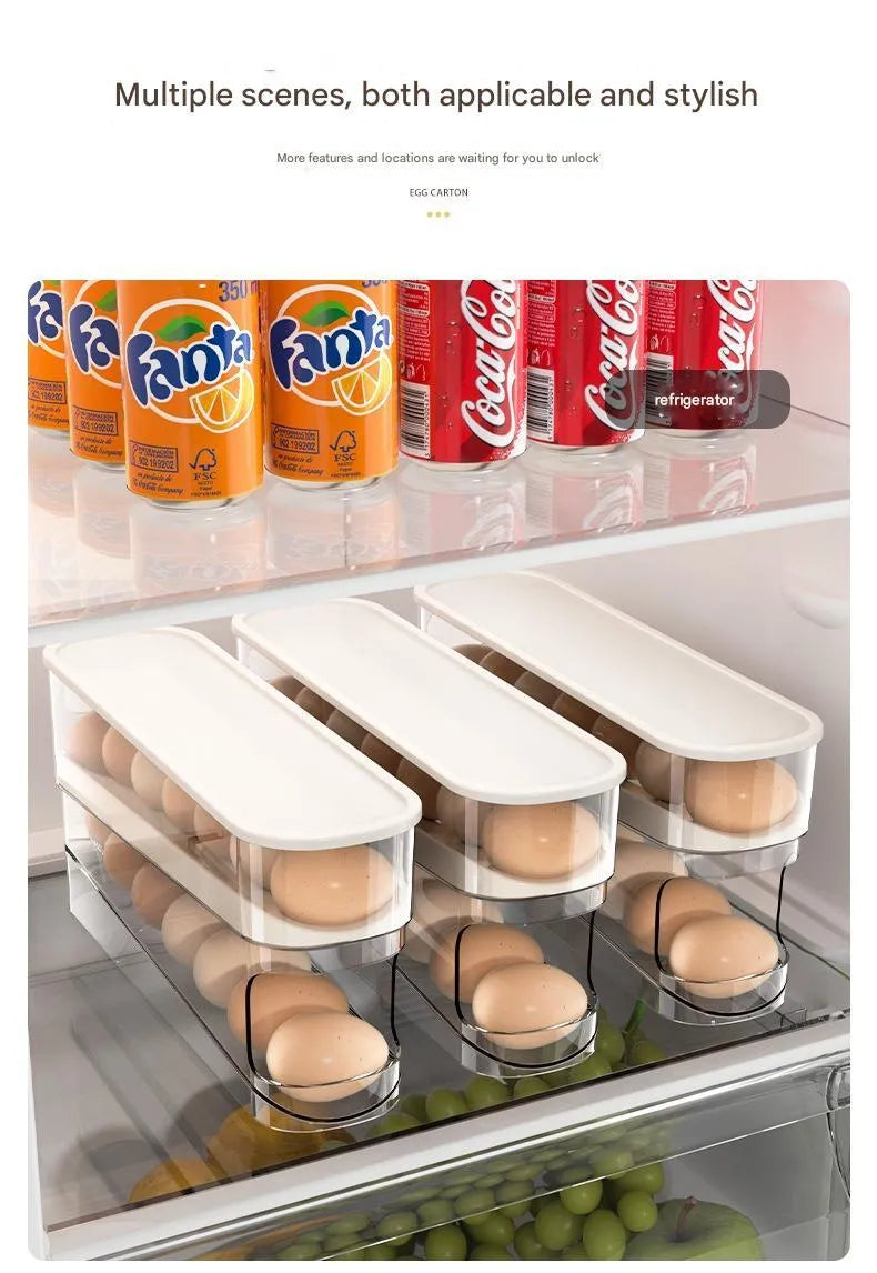White plastic refrigerator slide-out egg dispenser tray mounted on refrigerator door