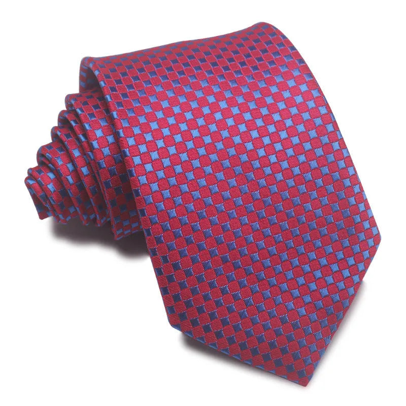 Close-up of a red and black striped men's business tie with a textured Jacquard weave, showing the 8cm width and arrow point shape.
