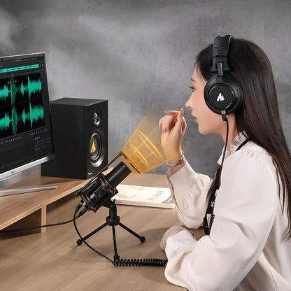 Black USB condenser recording microphone with 1.8m cable and Type-C adapter for computers and mobile phones.