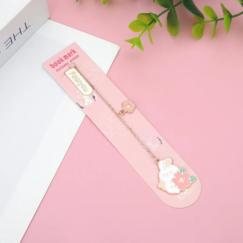 Metal bookmark holder with cartoon cherry blossom cat and rabbit designs