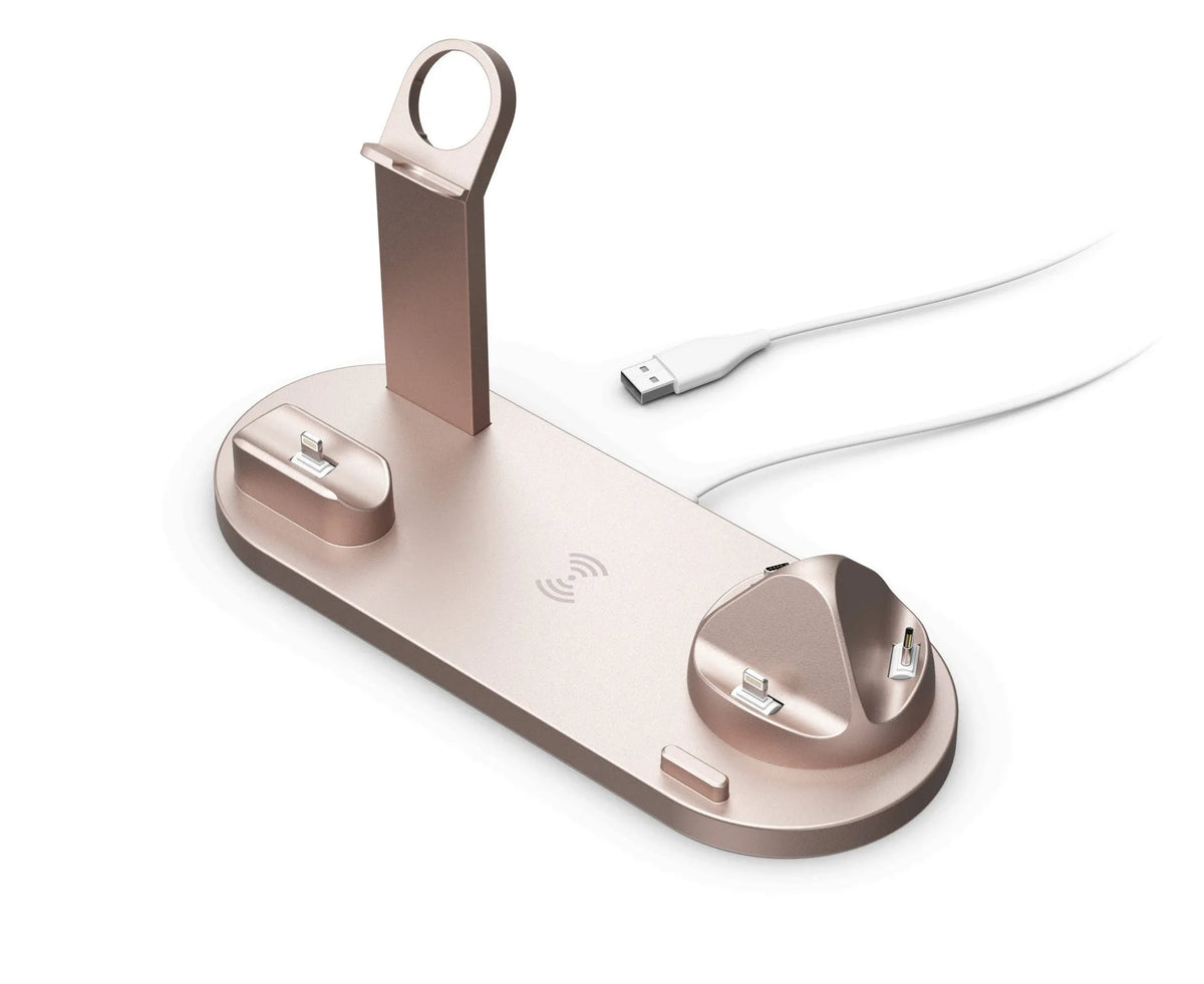 Black universal mobile phone and smartwatch charging stand with wireless pad on desk