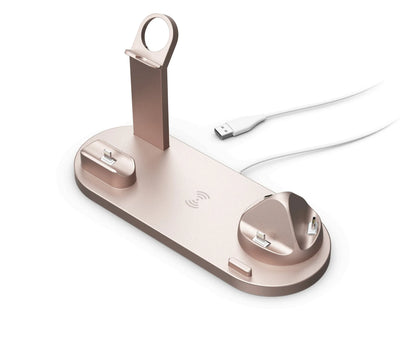 Black universal mobile phone and smartwatch charging stand with wireless pad on desk