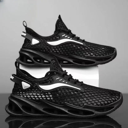 Breathable mesh running shoes with lace-up closure, available in black, white blue, and white grey colors