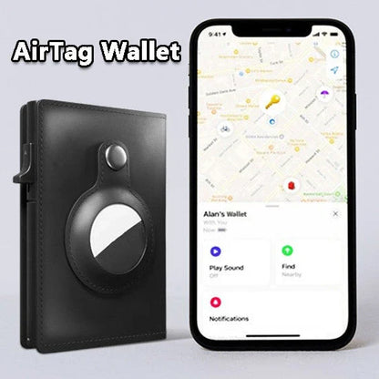 Premium leather wallet with built-in AirTag pocket and RFID blocking technology for secure everyday carry