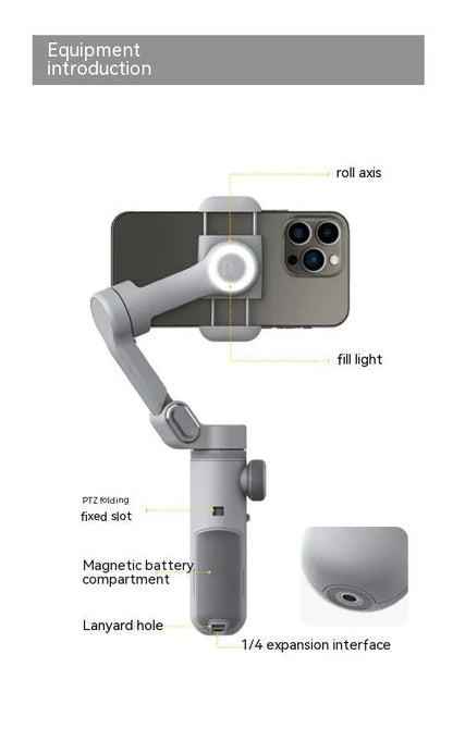 Silver grey Pro Mobile PTZ three-axis smartphone camera stabiliser gimbal with extended arm.