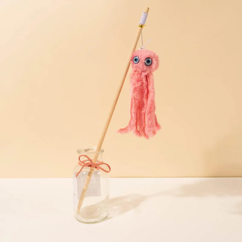 Octopus-themed furry cat toy attached to a long stick, shown in pink colour.