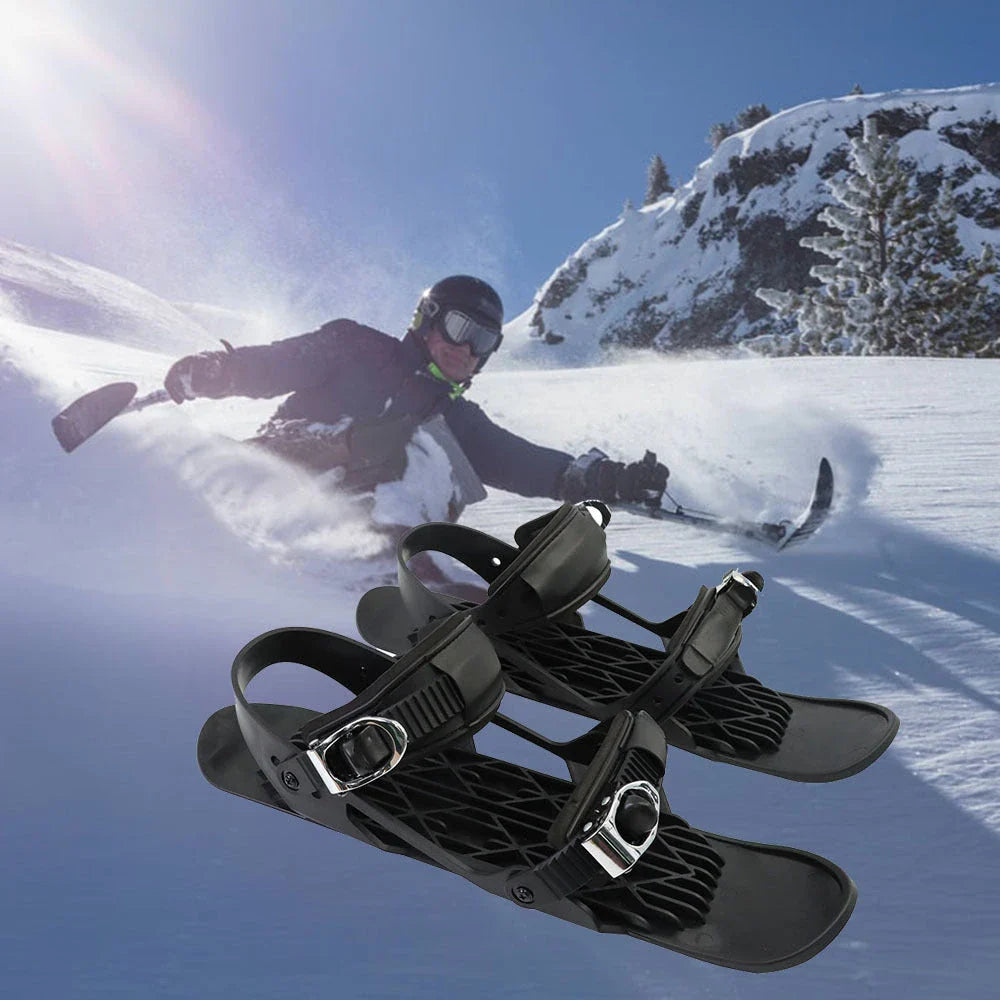 Adjustable snowshoeing mini skates with durable nylon soles, reinforced TPU laces, and customizable metal buckles for a secure fit across a wide range of shoe sizes