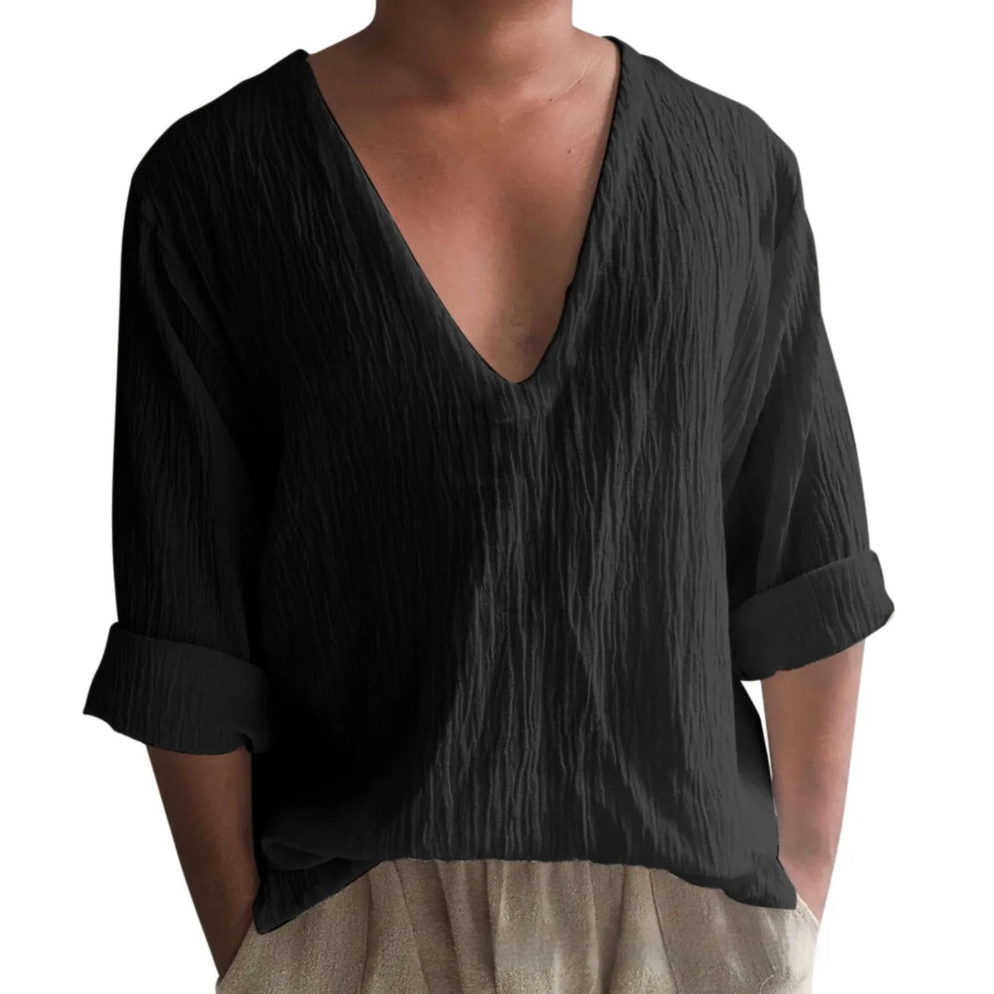 Men's long sleeve V-neck t-shirt in washed cotton, shown in a solid colour.