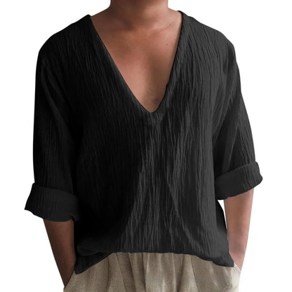 Men's long sleeve V-neck t-shirt in washed cotton, shown in a solid colour.