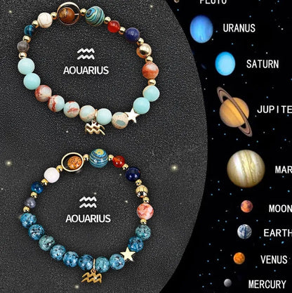 Natural stone zodiac bracelet set showing two adjustable bracelets with bead designs for astrological signs