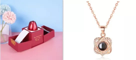 Valentine's Day Metal Rose Jewelry Gift Box Necklace with adjustable crystal necklace and maroon gift box