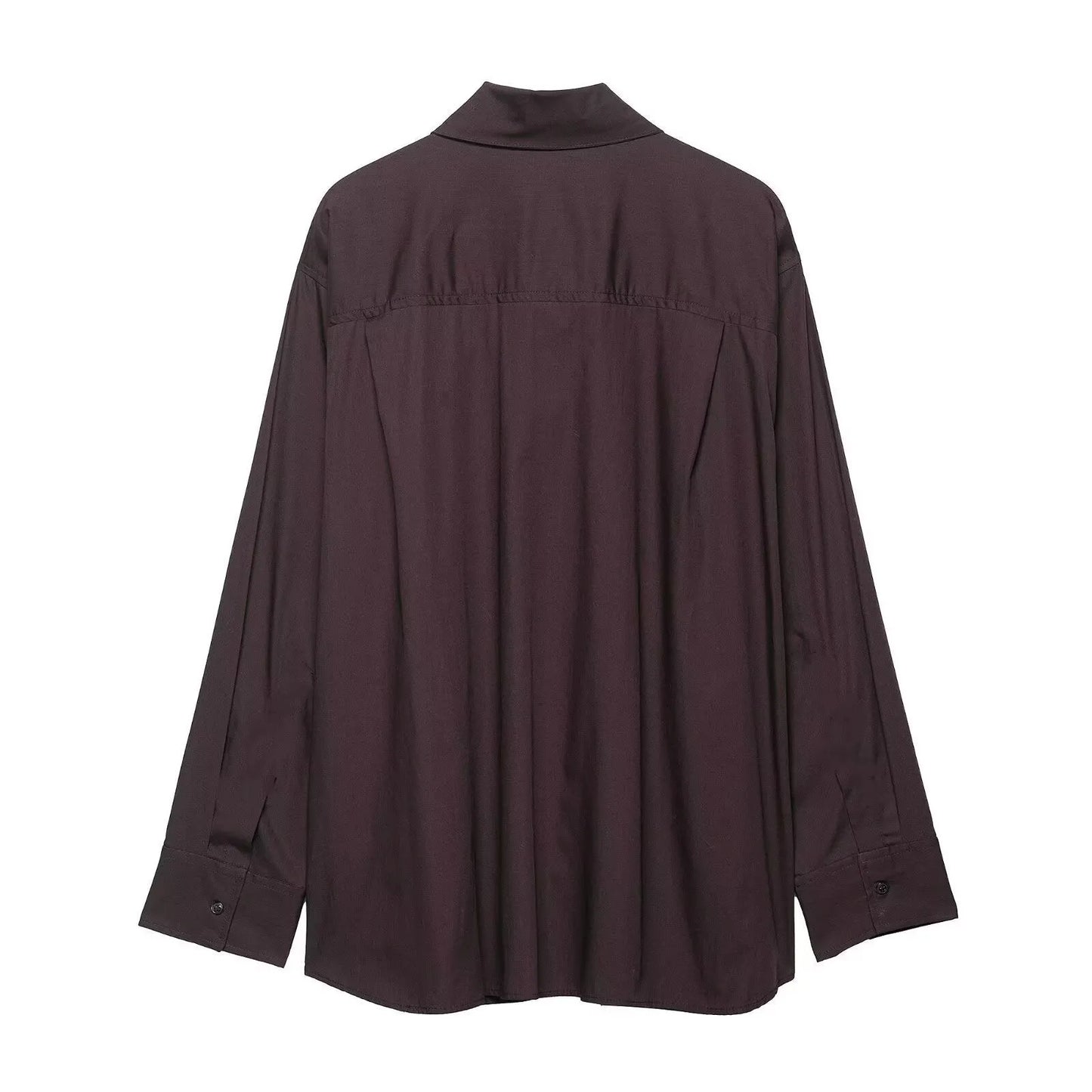 Brown women's loose-fit poplin shirt with long sleeves and an attached bow tie scarf.