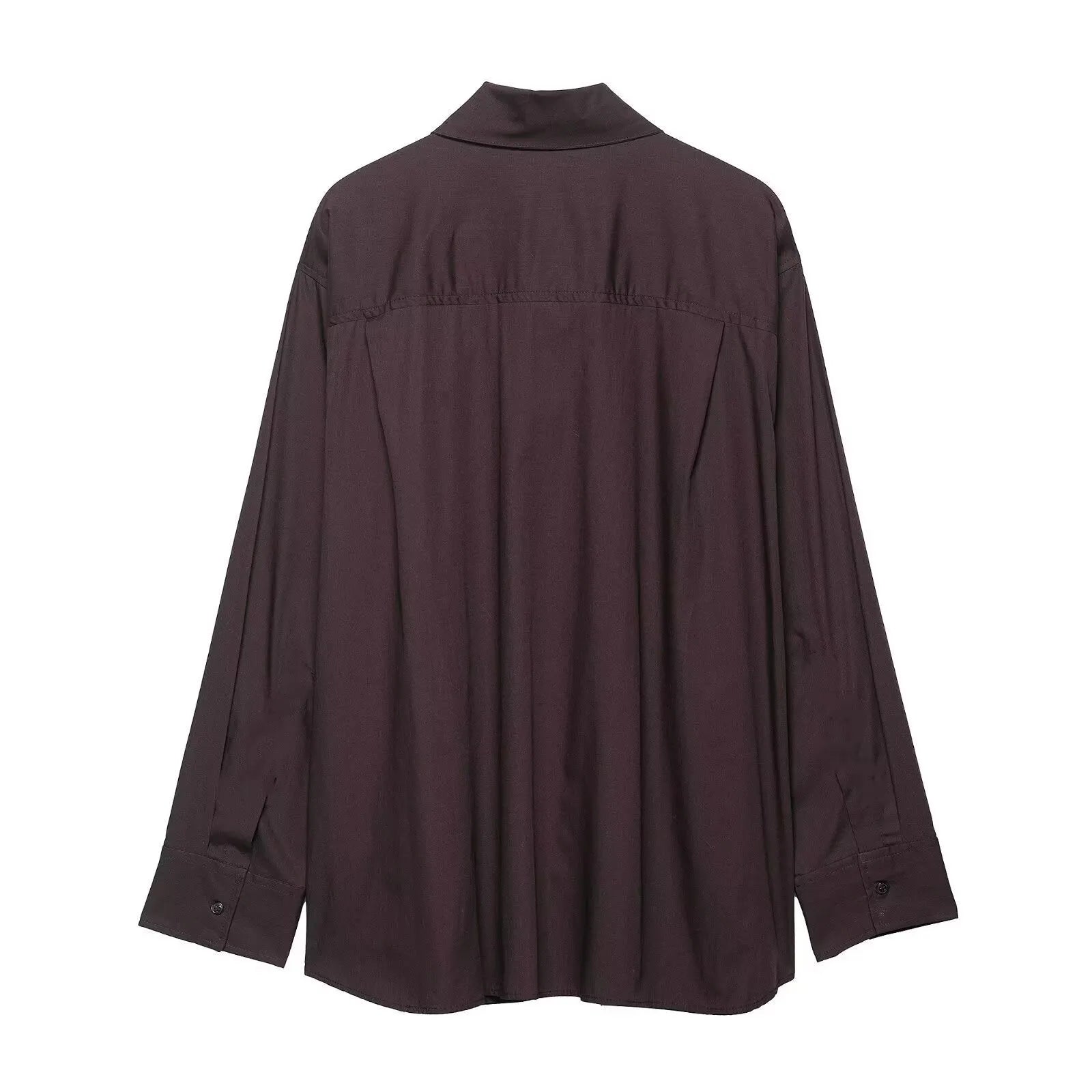 Brown women's loose-fit poplin shirt with long sleeves and an attached bow tie scarf.
