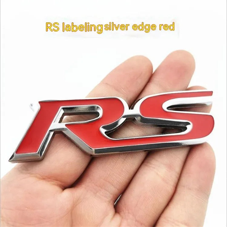 Zinc alloy RS pattern car sticker measuring 9x2.4cm in silver-edged blue colour option