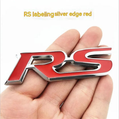 Zinc alloy RS pattern car sticker measuring 9x2.4cm in silver-edged blue colour option