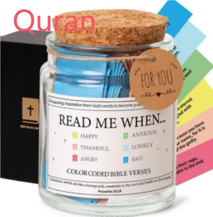 Glass Bible verses jar with cartoon design containing 90 rolled scripture papers in multiple colour options