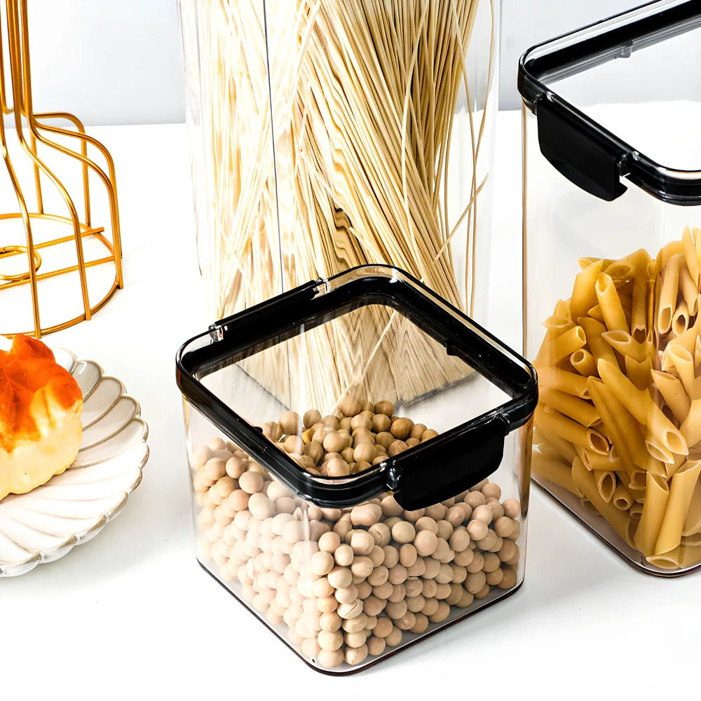 Transparent 8-piece airtight plastic grain containers set, BPA-free PET with TPR lids, sizes 0.7L to 1.8L, total 1.85kg for kitchen storage