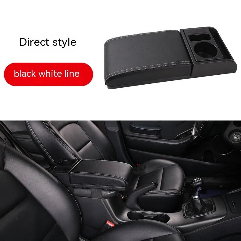 Universal plastic car armrest cover showing height increase with PU leather and carbon fibre surface options