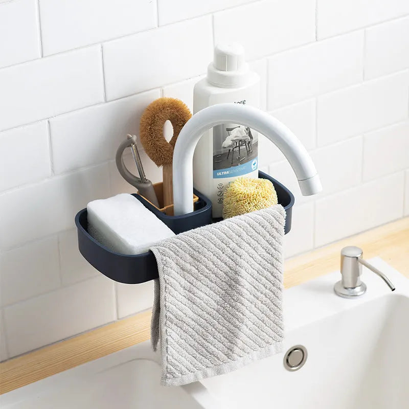 Blue adjustable sink shelf storage basket with soap sponge rack mounted on kitchen faucet