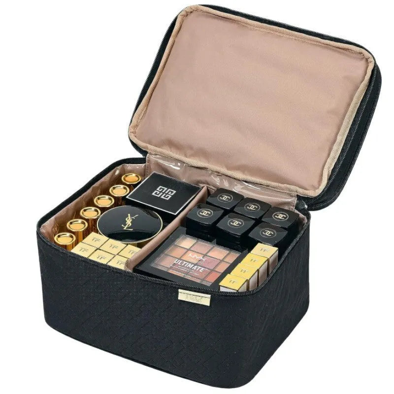 Portable double layer cosmetics bag in peach fabric leather with polyester lining, shown in black or pink