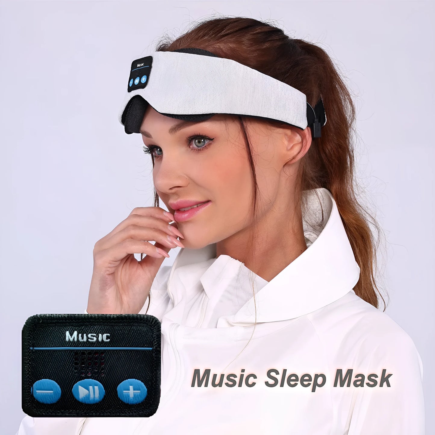 Grey outline Bluetooth sleeping eye mask made from soft polyester fabric.