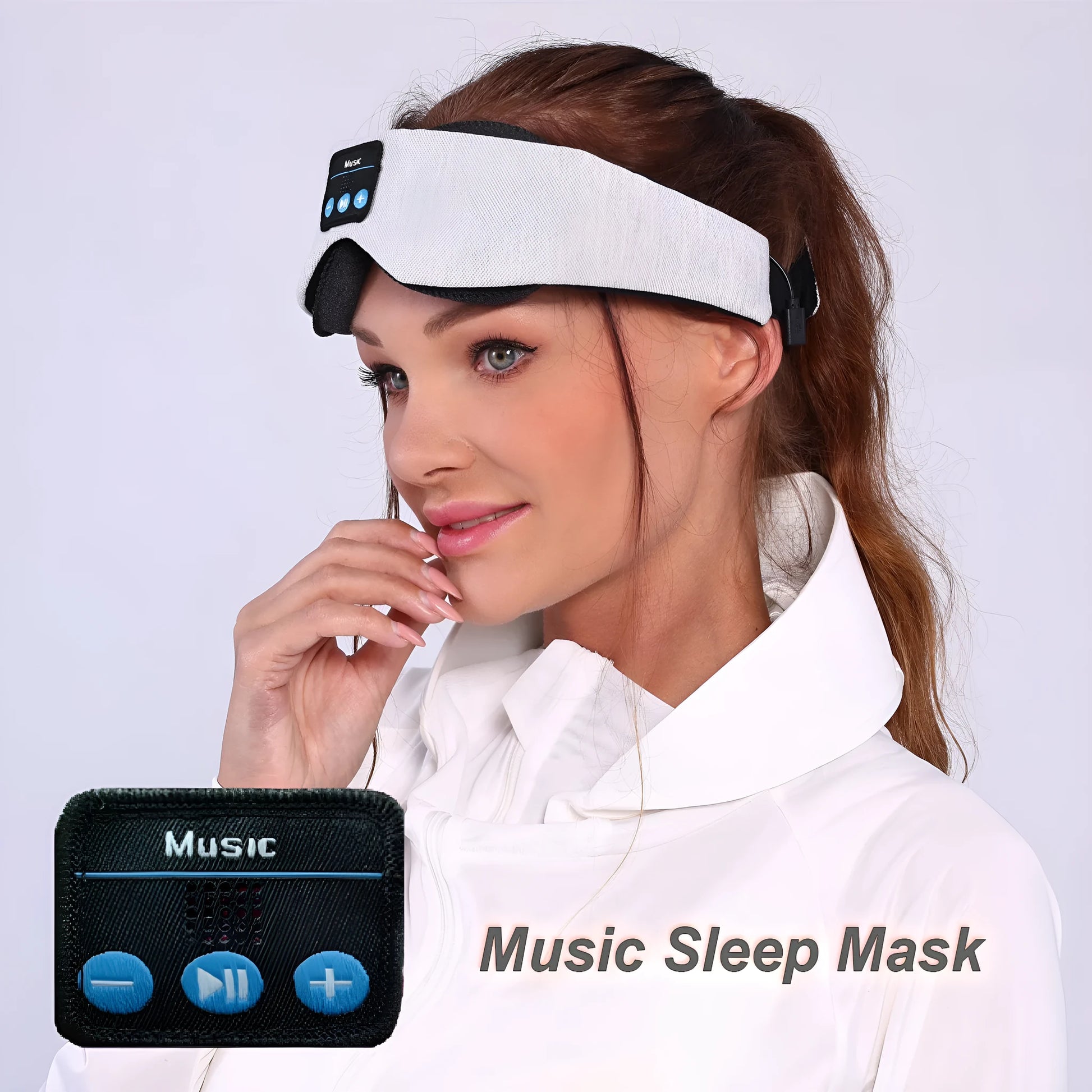 Grey outline Bluetooth sleeping eye mask made from soft polyester fabric.