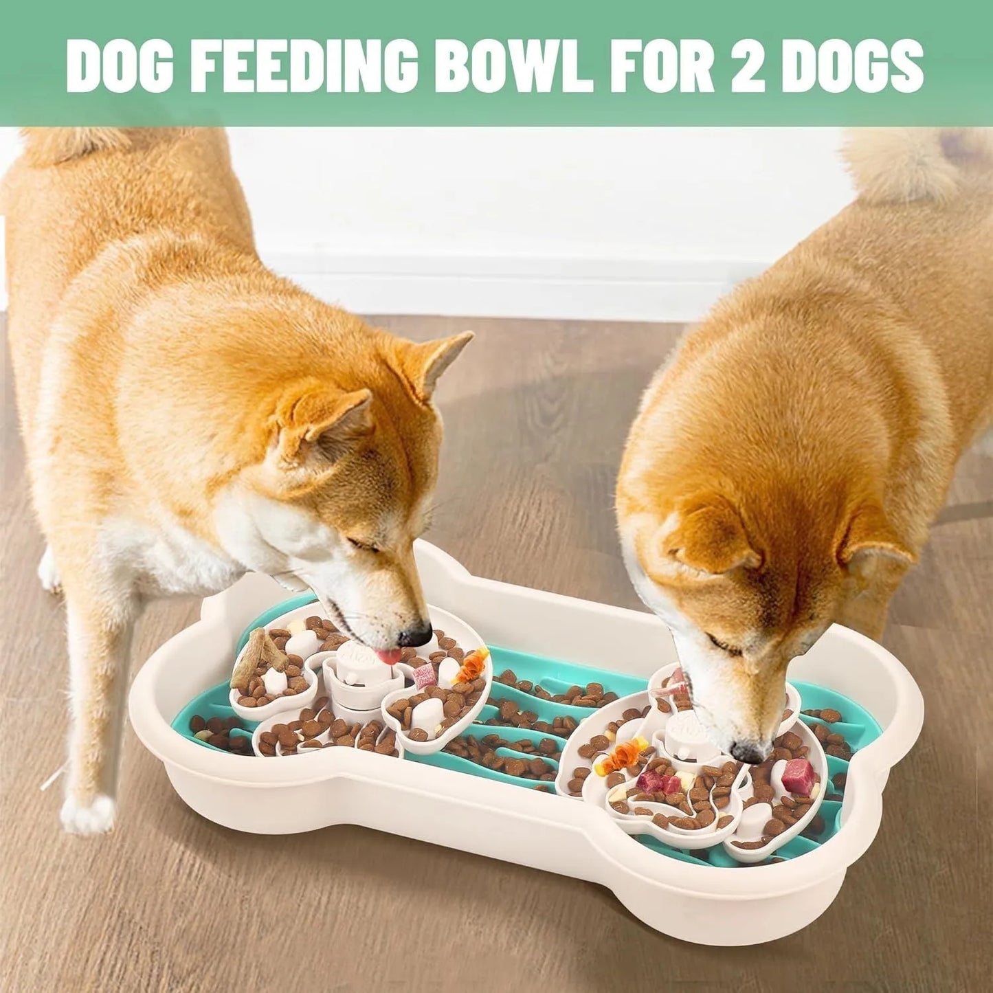 Green, pink, and yellow large slow feeder dog bowl with three puzzle trays and suction cups.