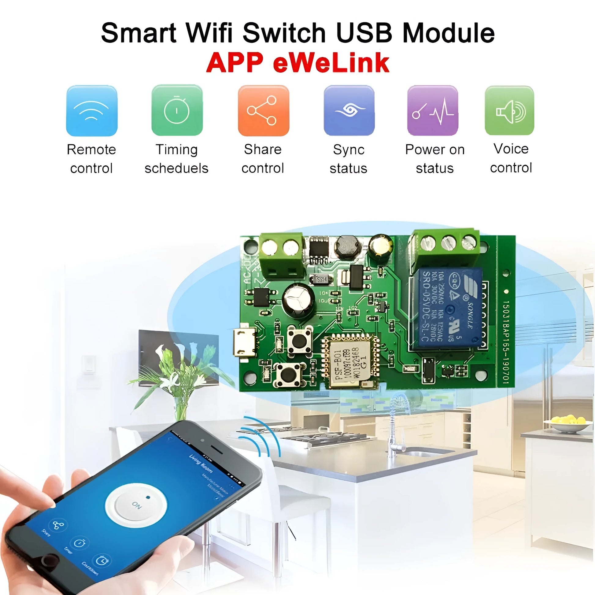 SMG-WF01 2.4GHz WiFi relay module with USB interface and PCB antenna for remote control