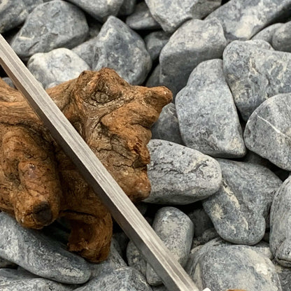 Outdoor Damascus pattern steel short knife with Thuja wood handle measuring 18cm